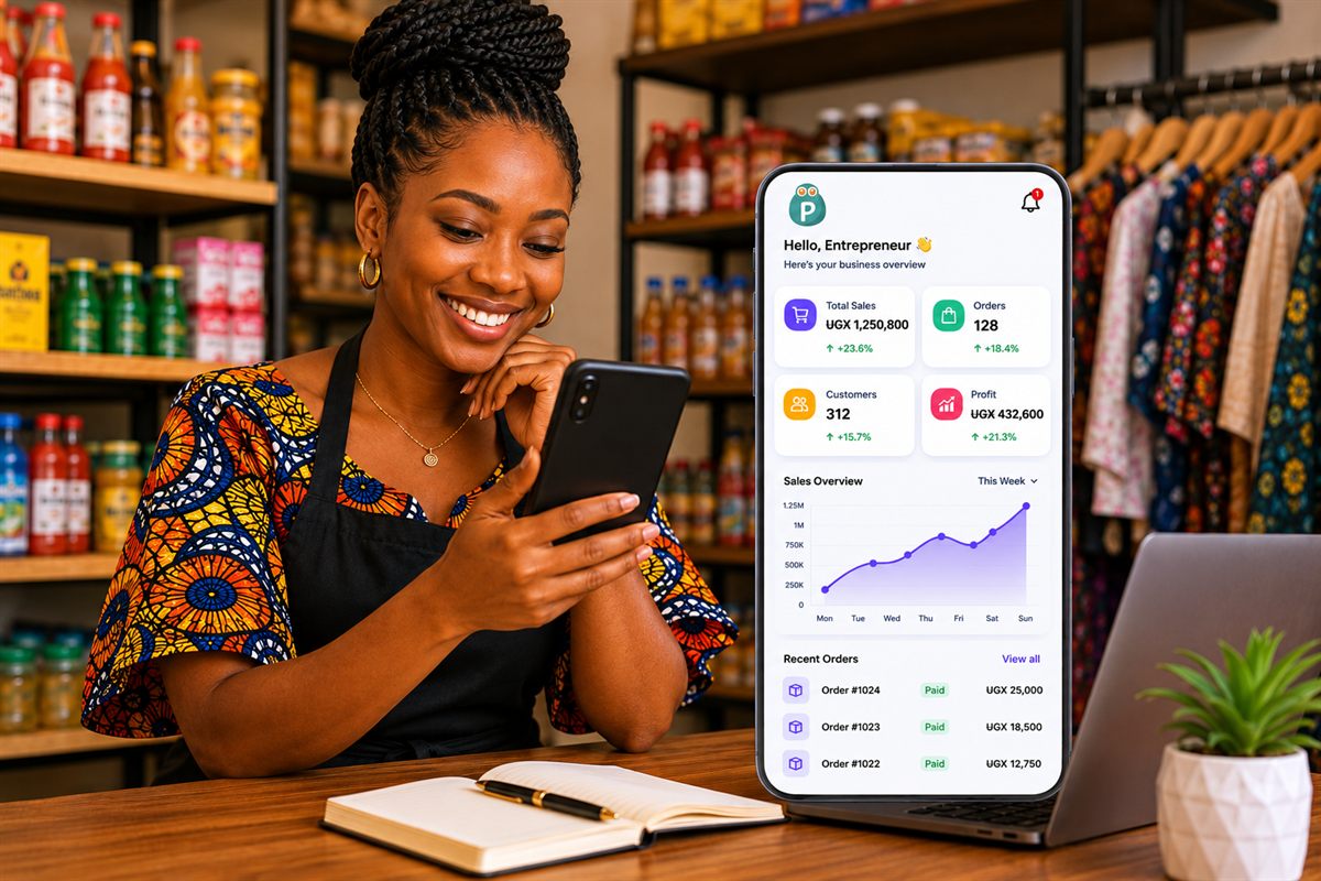 Business owner using Potobag on a phone to monitor business performance